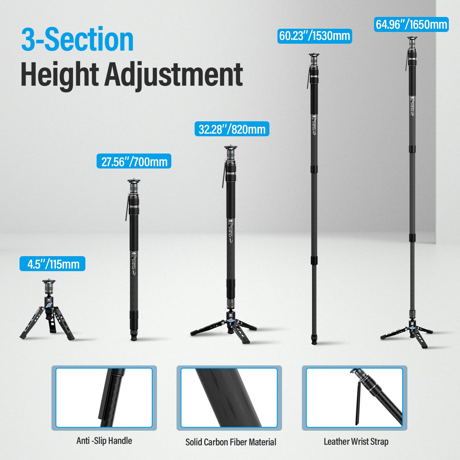 SIRUI SVM-145 Camera Monopod with Feet for Photography, 145cm Carbon Fibre Camera Monopod with Removable Tripod Stand Base, for DSLR, Camcorder, Max Load 10kg