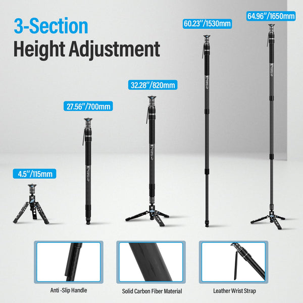 SIRUI SVM-145 Camera Monopod with Feet for Photography, 145cm Carbon Fibre Camera Monopod with Removable Tripod Stand Base, for DSLR, Camcorder, Max Load 10kg