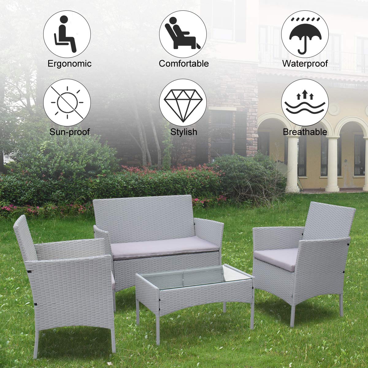 bigzzia Rattan Garden Furniture Set, 4 piece Patio Rattan furniture sofa Weaving Wicker includes 2 Armchairs,1 Double seat Sofa and 1 table (Black)
