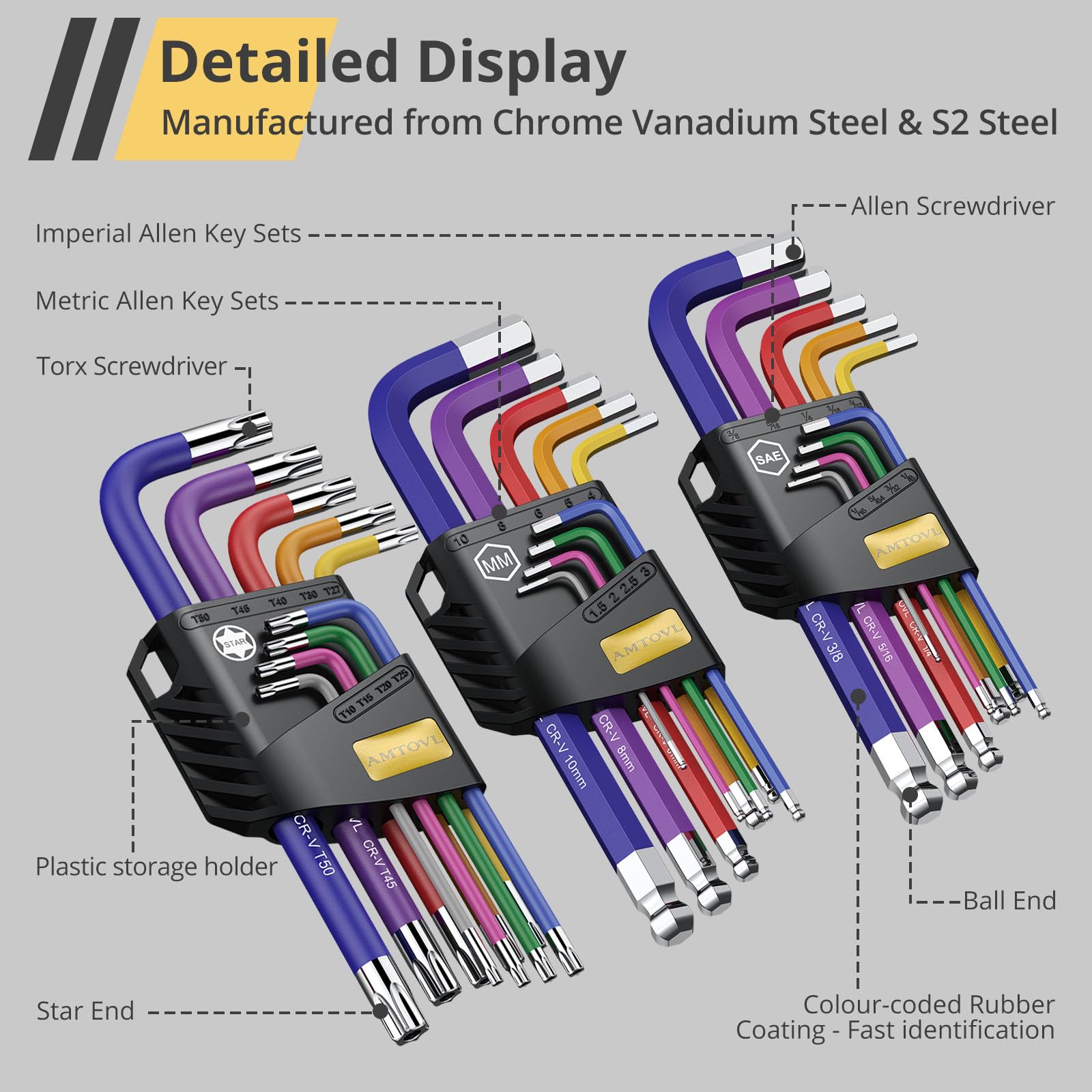 AMTOVL Hex Keys Set, 27PCS Allen Key Set & Star Key Set, Magnetic S2 Steel Metric Imperial Extra Long Ball End Hex Key Set with Color Coding with T-Handle for Bicycle Repair Household DIY