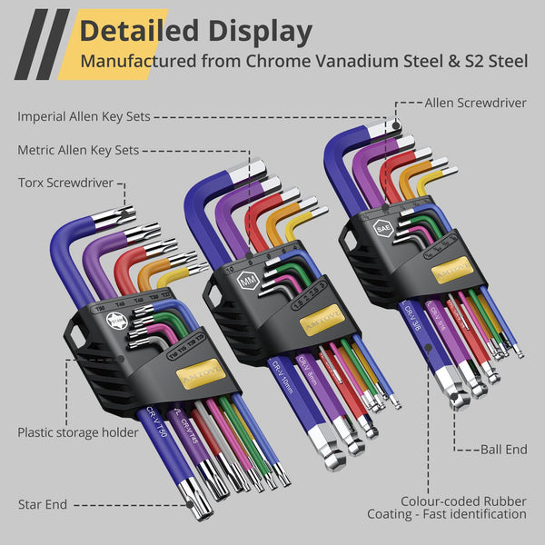 AMTOVL Hex Keys Set, 27PCS Allen Key Set & Star Key Set, Magnetic S2 Steel Metric Imperial Extra Long Ball End Hex Key Set with Color Coding with T-Handle for Bicycle Repair Household DIY