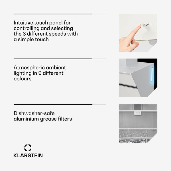 Klarstein Alina 90 Angled Cooker Hood - 600m³/h Air Flow, Touch Panel, LED Backlighting, Quiet 63dB, Energy Class A, 90cm Extractor Hood, Black