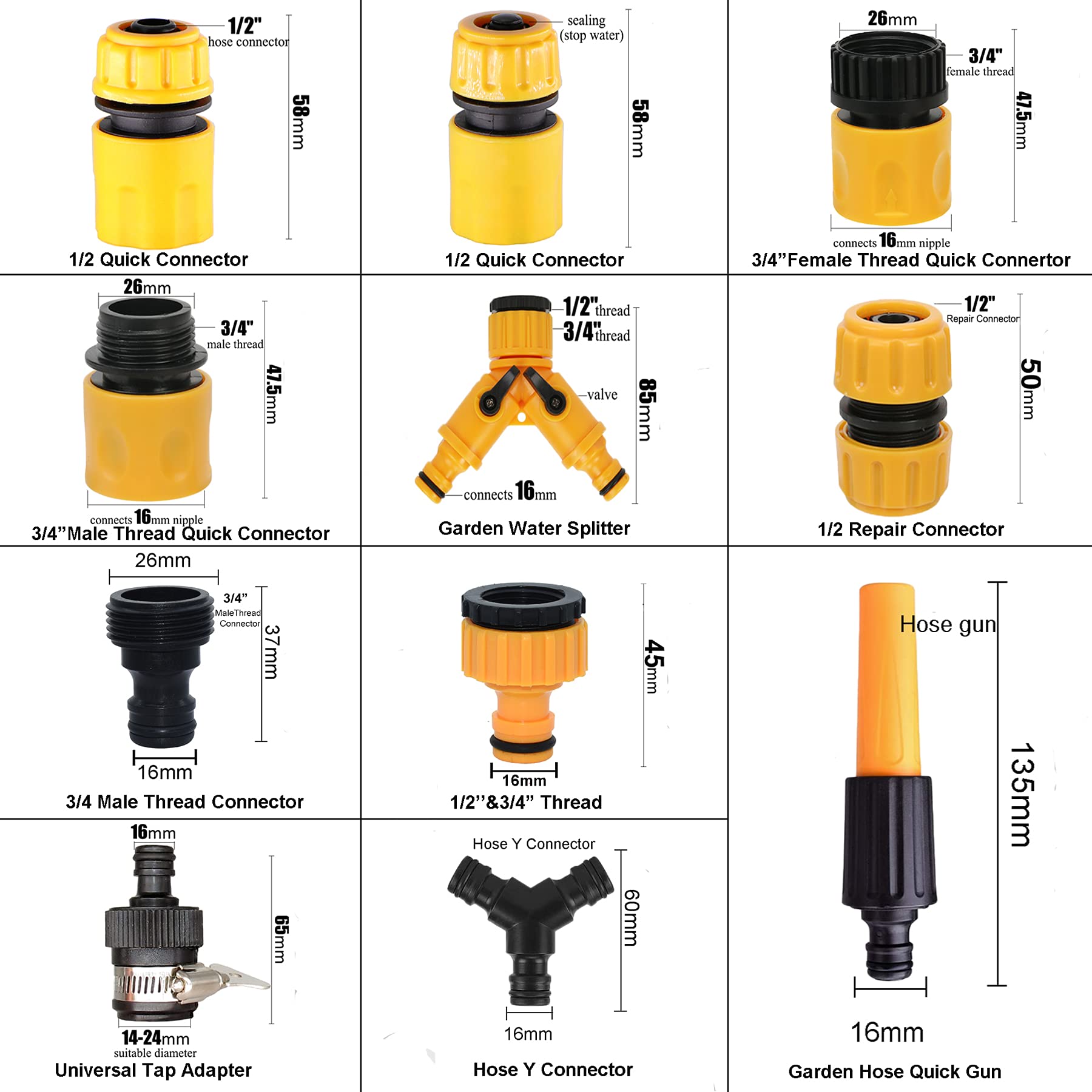 BABADU Garden Hose Pipe Connector Kit 20 Pack: Hoses Nozzle, Hose Repair Connector, Quick Connect, Y Splitter, Male Threaded Adapter, Male&Female Connectors, 2 Way Tap Fittings,Multi Faucet Connectors