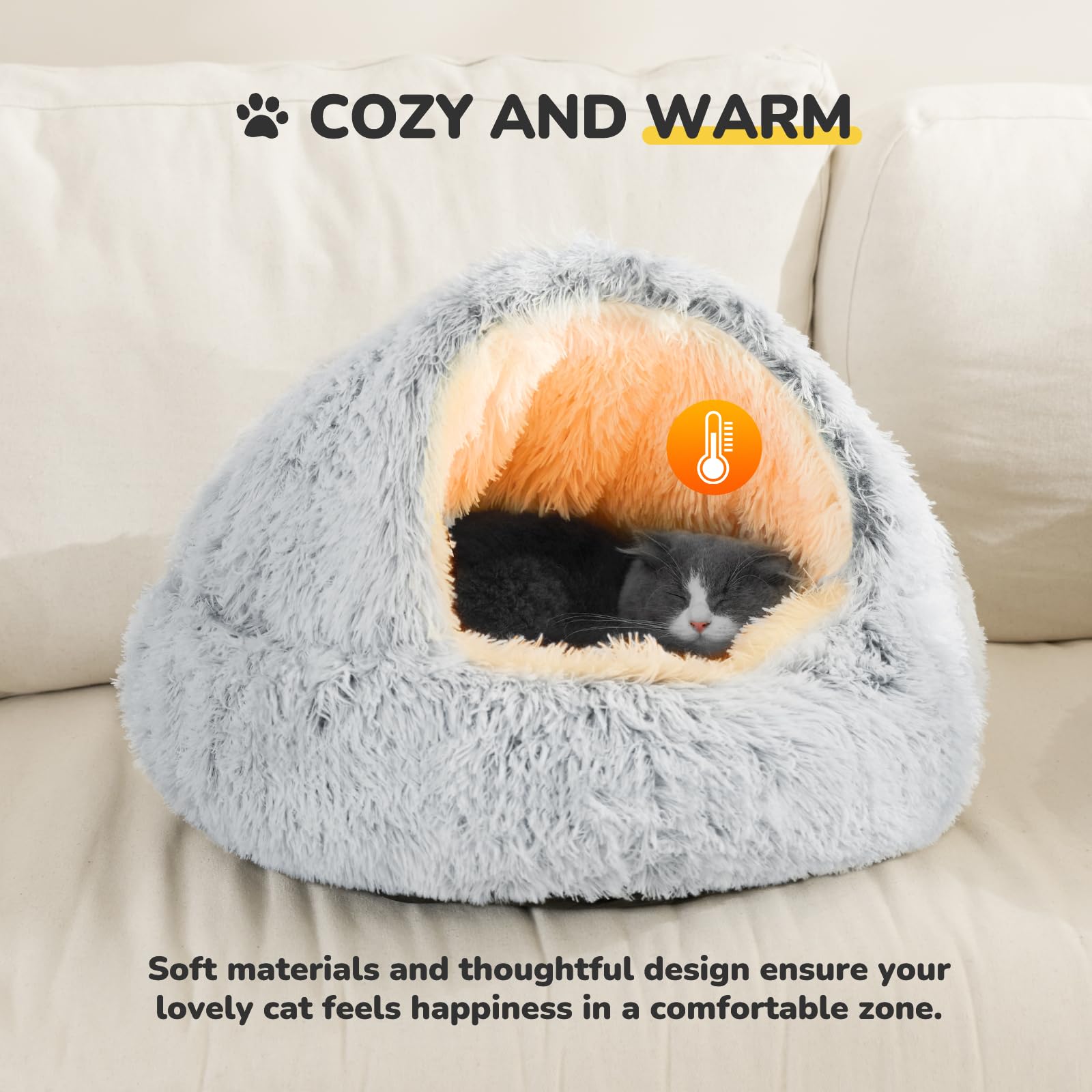 CATISM Cat Bed Cat Beds for Indoor Cats Large Cat Cave Dog Bed Washable Non-Slip Cat Igloo Pod Windproof Fluffy Cat Nesting Bed for Cat and Pets(Grey,