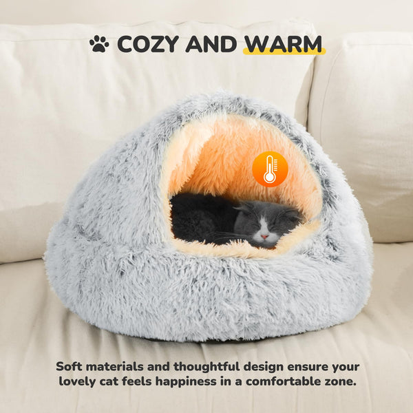 CATISM Cat Bed Cat Beds for Indoor Cats Large Cat Cave Dog Bed Washable Non-Slip Cat Igloo Pod Windproof Fluffy Cat Nesting Bed for Cat and Pets(Grey,