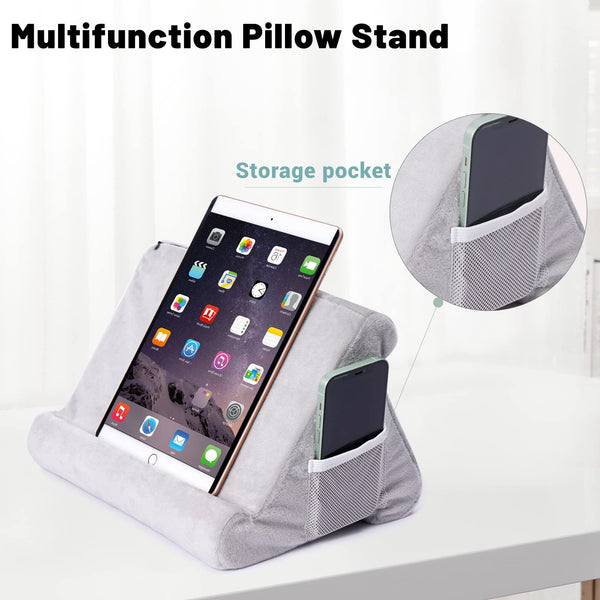 Soft Tablet Stand Pillow with Pocket,Tablet Cushion Stand,Adjustable 3 Viewing Angle,Lazy Holder Stand for Bed Sofa,Compatible with iPads Tablets eReaders Smartphones Books Magazines（Grey）…