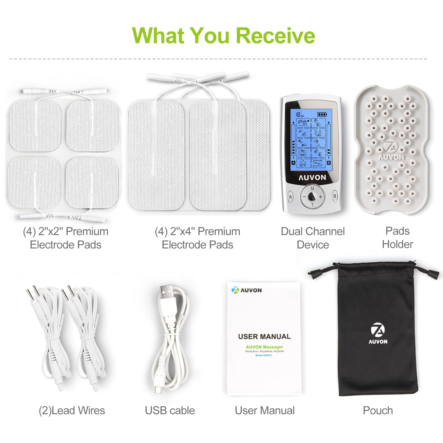 AUVON Dual Channel TENS Machine for Pain Relief, TENS Unit Muscle Stimulator with 20 Modes, 2" and 2"x4" TENS Pads Replacement