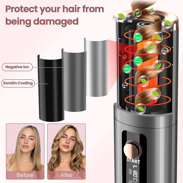 Automatic Hair Iron, Cordless Hair Curler PTC Ceramic Hair Curling Negative Ion Portable 5000mAh Rechargeable USB Anti-Tangle 6 Temperature & Timer 10min Auto Off Curling Wand for Home/Travel Use