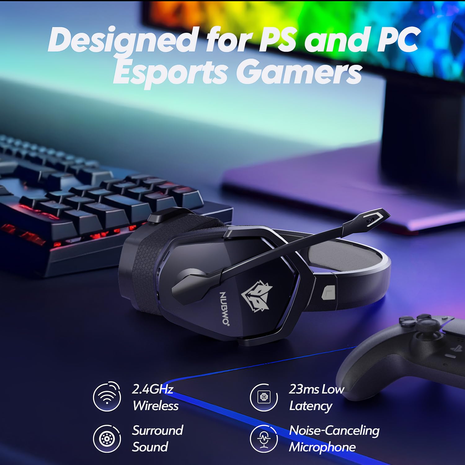 NUBWO G06 Pro Wireless Gaming Headset with Charging Station for Headset & PS5 Controller, 17ms Low Latency, 120H Battery Life, Dynamic 50mm Drivers-White (Only Compatible with PS5)