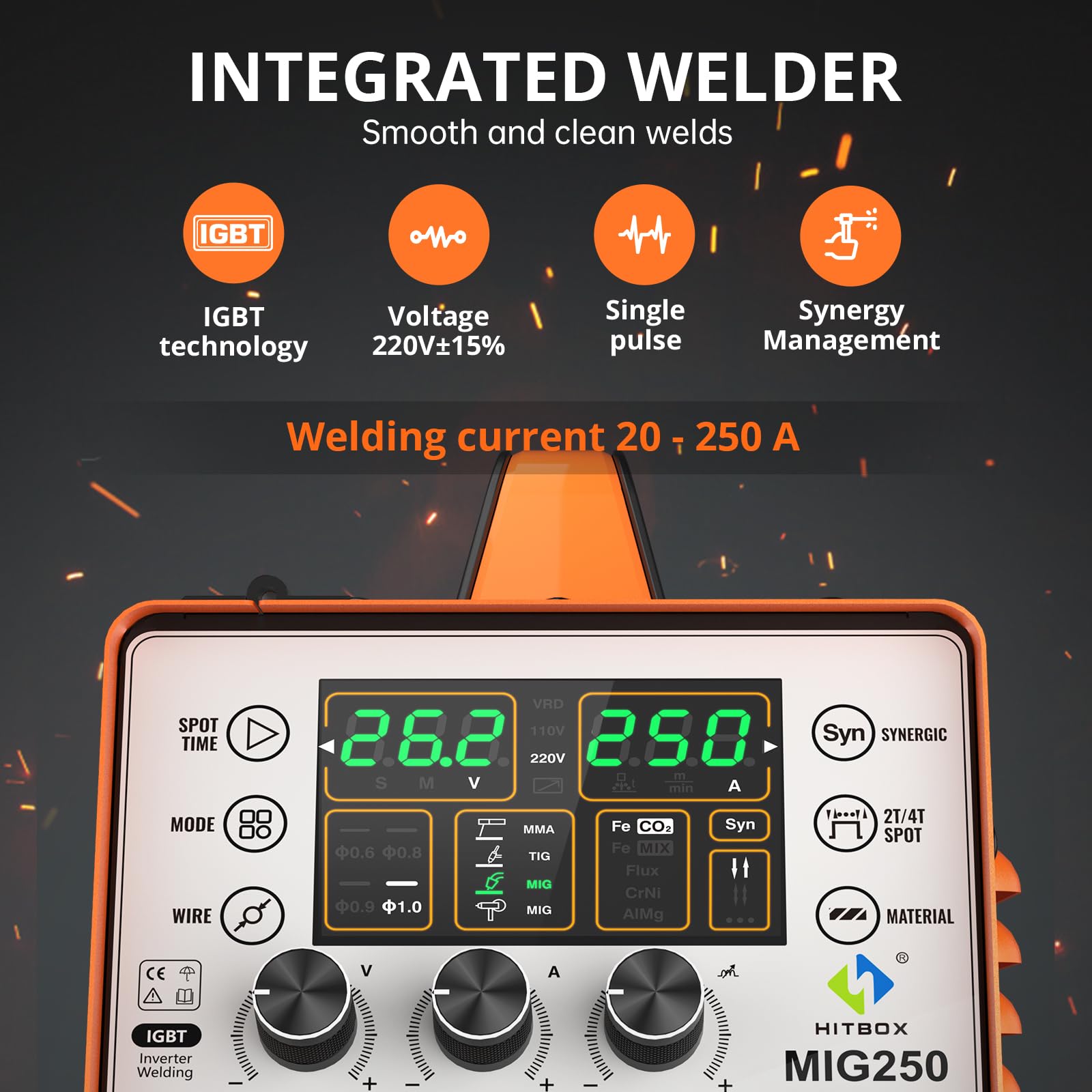 HITBOX 6 in 1 MIG Welder Gas/Gasless 250A 240V LED Digital MIG Welding Machine Flux Solid Wire MIG ARC Lift TIG Inverter Welders, Aluminum Weldable(MIG250)