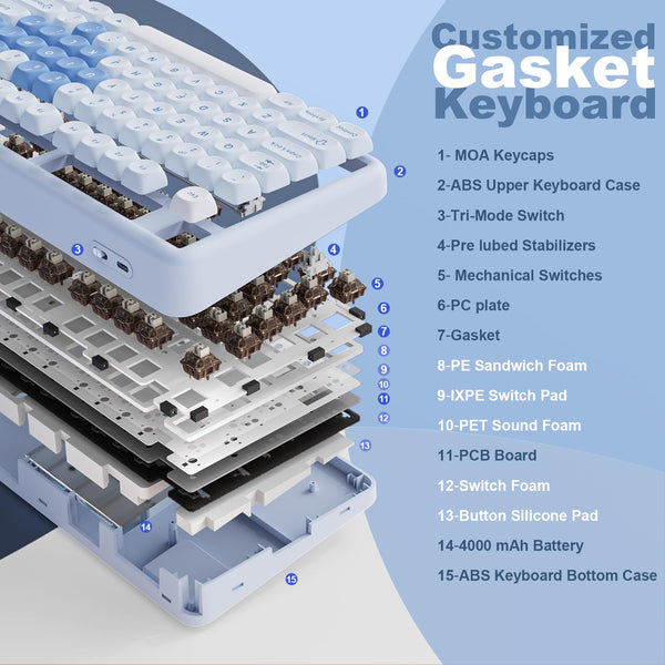 YUNZII B87 Wireless Mechanical Keyboard,QMK/VIA Software Custom Gaming,Gasket RGB Keyboard with Cute MOA Keycaps,Wrist Rest,BT5.0/2.4G/USB-C NKRO for Win/Mac (butter, milk v2 linear)