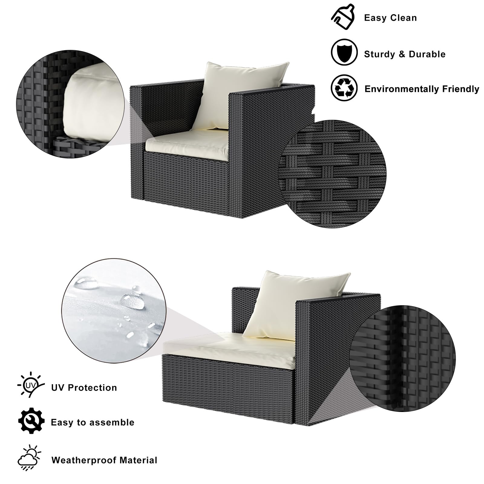 bigzzia Rattan Garden Furniture Set, 4 piece Patio Rattan furniture sofa Weaving Wicker includes 2 Armchairs,1 Double seat Sofa and 1 table (Black)