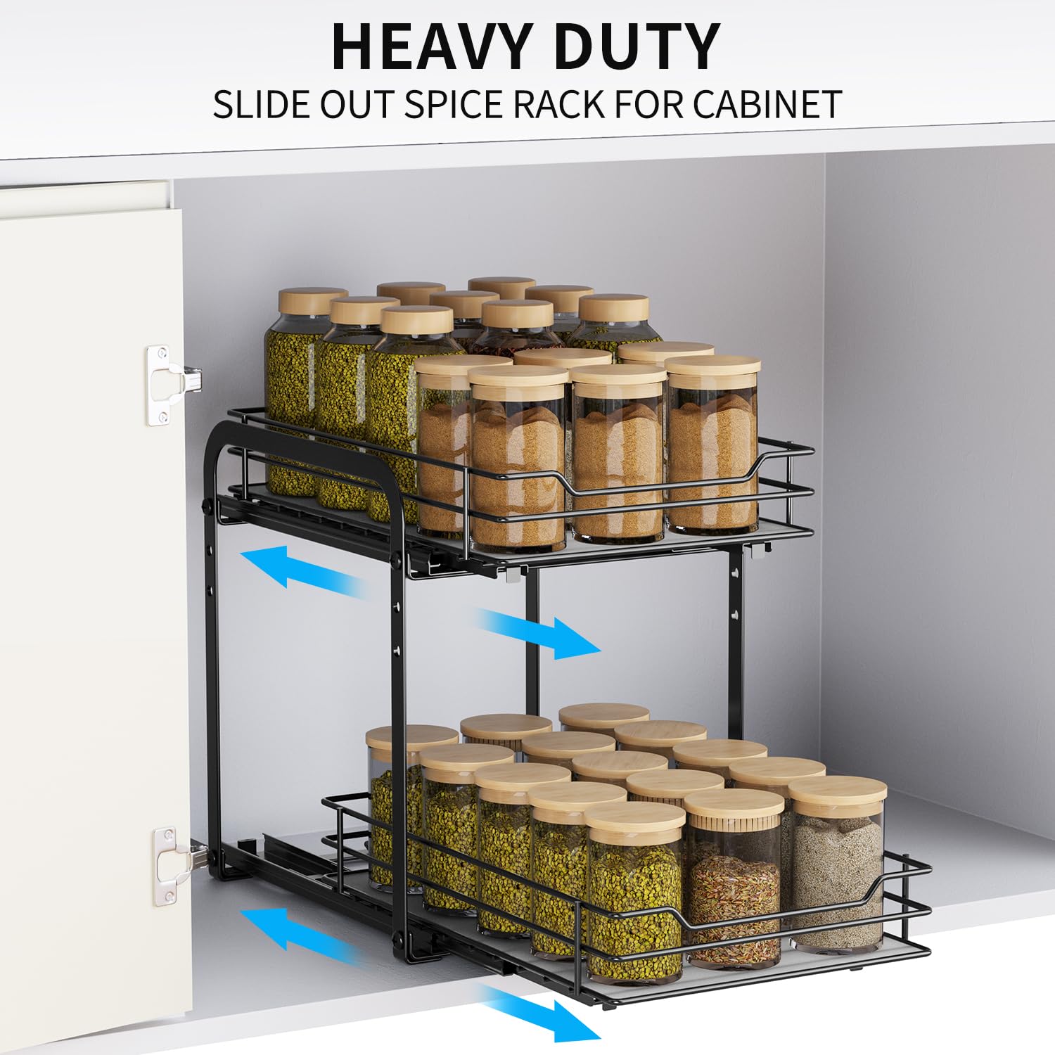 AIRUJIA Pull Out Cabinet Organizer Spice Racks, 2-Tier Spice Rack Height Adjustable, Cupboard Spice Rack, Kitchen Storage Shelf for Inside Cupboard,