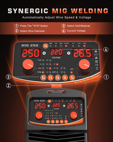 FEIFANKE Gasless MIG Welder 240V 145A Welding Machine MIG MAG 4 in 1 Gasless MIG/MIG/MMA/Lift TIG Welder Machine Inverter Synergy IGBT Suitable for 1.0-4.8mm Carbon Steel and Iron