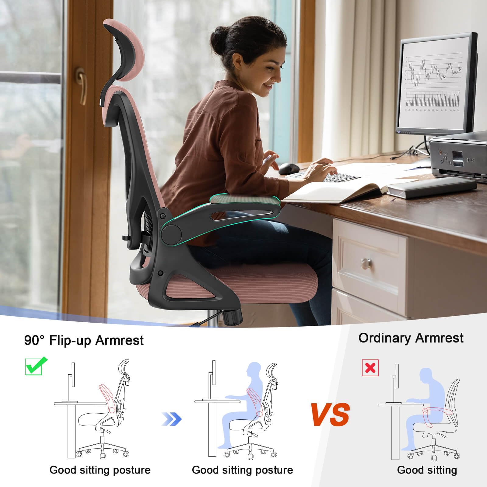 Office Chair - Ergonomic Desk Chair with Lumbar Support Headrest Adjustable, Padded Flip-up Armrests Comfy Seat Cushion High Back Executive Manager Chair For Home Office
