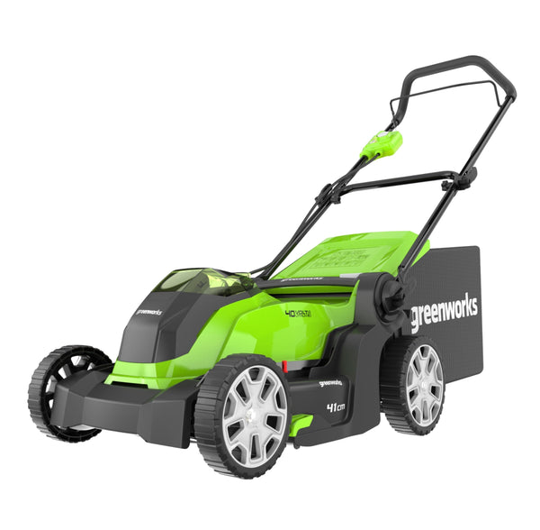 Greenworks 40V Cordless Lawnmower for Lawns up to 500m², 41cm Cutting Width, 50L Bag, Two of 40V 2Ah Batteries & One Charger, 3 Year Guarantee-G40LM41K2X, Green, Black, Grey