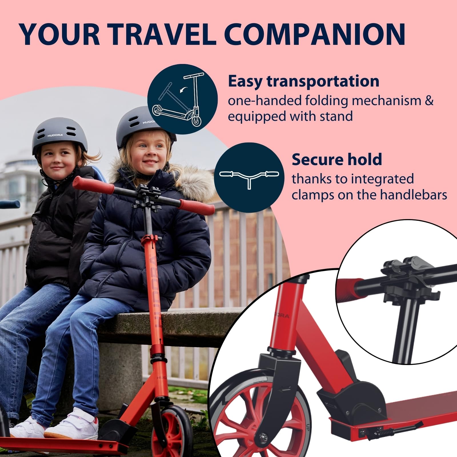 HUDORA Scooter Up 200 - Quiet aluminium scooter for up to 100kg - Adjustable in height & foldable kick scooter - Jolt-free kick scooter for children /
