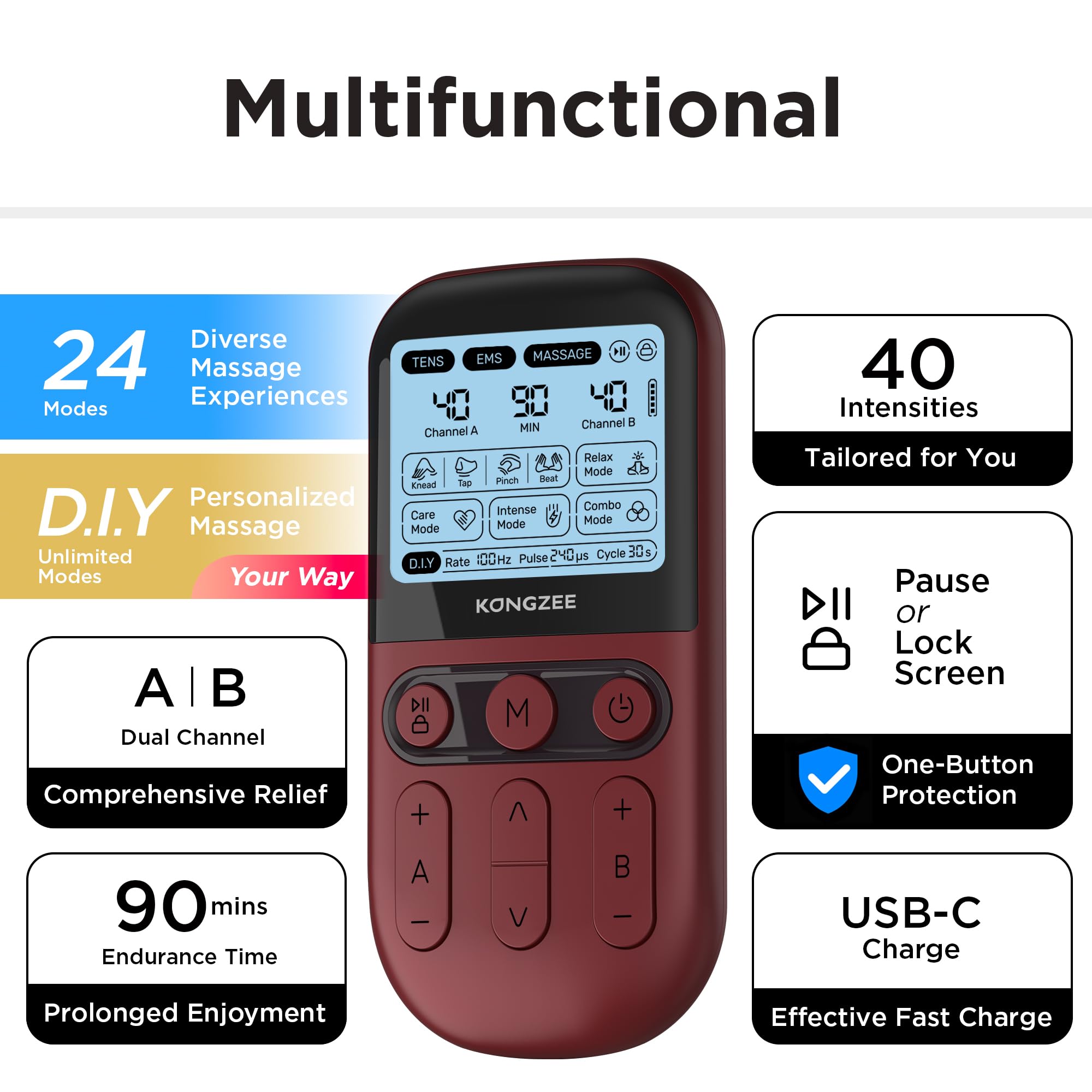 4 in 1 - D.I.Y & Tens Unit & EMS & Massage Muscle Stimulator, Dual Channel Therapy Machine for Pain Relief, FDA Cleared Rechargeable Electronic Pulse Massager,with 12pcs Electrode Pads