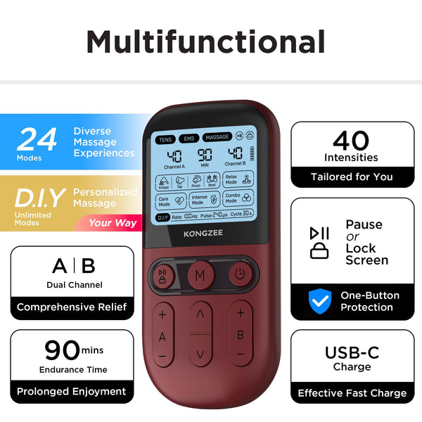 4 in 1 - D.I.Y & Tens Unit & EMS & Massage Muscle Stimulator, Dual Channel Therapy Machine for Pain Relief, FDA Cleared Rechargeable Electronic Pulse Massager,with 12pcs Electrode Pads