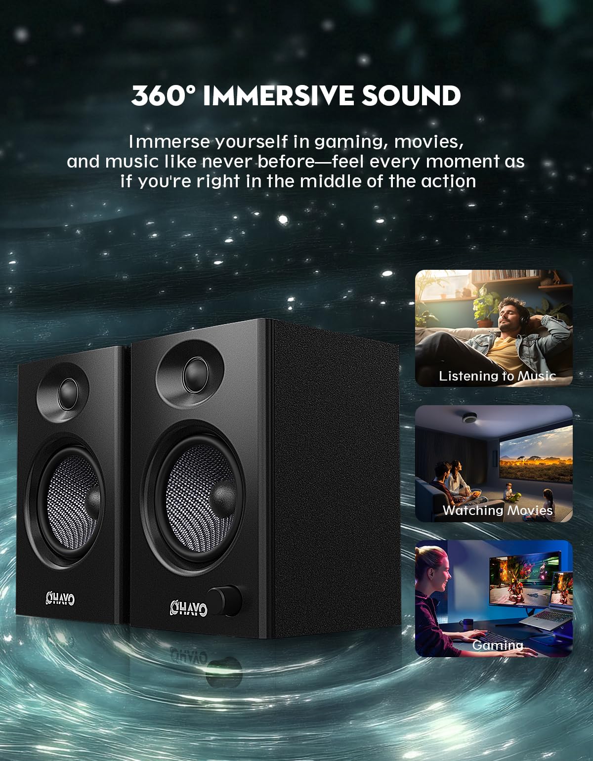 OHAYO C6 Bookshelf Speakers with 60W Peak Power, Stereo 2.0, Active Bluetooth 5.3, RCA/AUX/USB Input,Integrated Sound Card for Music and Gaming, PC Speakers for Desktop PC,TV or Laptop, Black