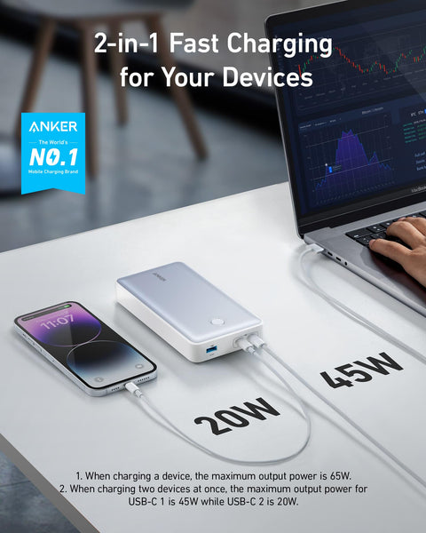 Anker Power Bank, 24,000mAh 65W Portable Charger, 537 Power Bank (PowerCore 24K for Laptop), for Dell XPS, Microsoft Surface, iPad Pro, iPhone 16/16 Plus/16 Pro/16 Pro Max/15/14/13 Series, and More