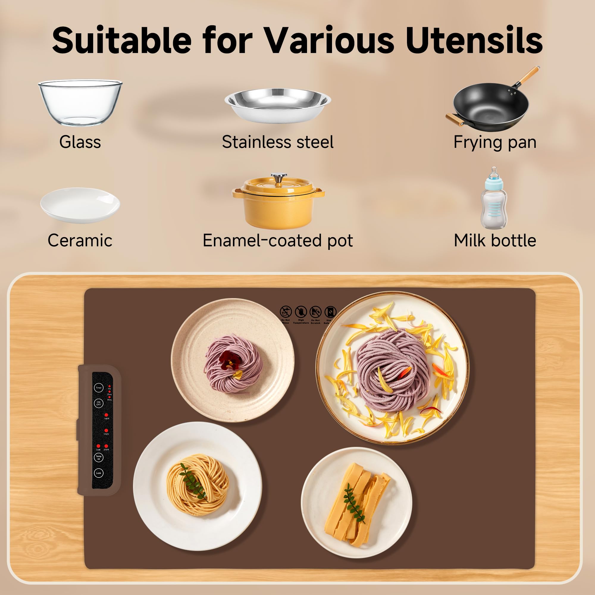 Food Warming Mat-Foldable Electric Warming Mat for Food Sillicon Food Warmer with Adjustable Temperature Control Time Moders Locking Function Warming