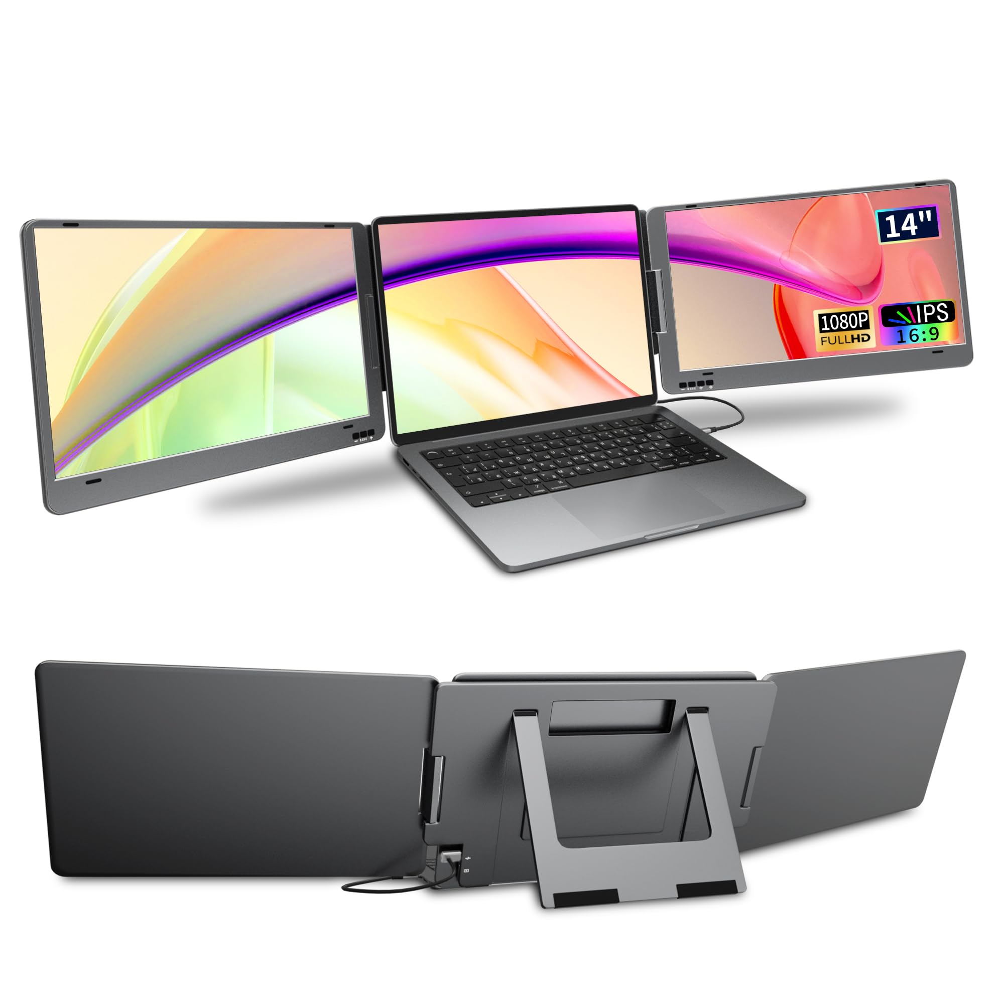 KPKUE Laptop Screen Extender, 14" 1080P FHD IPS Dual Portable Monitor for Laptop, Compatible with 11.6" -15.6" Laptops (Mac Windows Chrome)