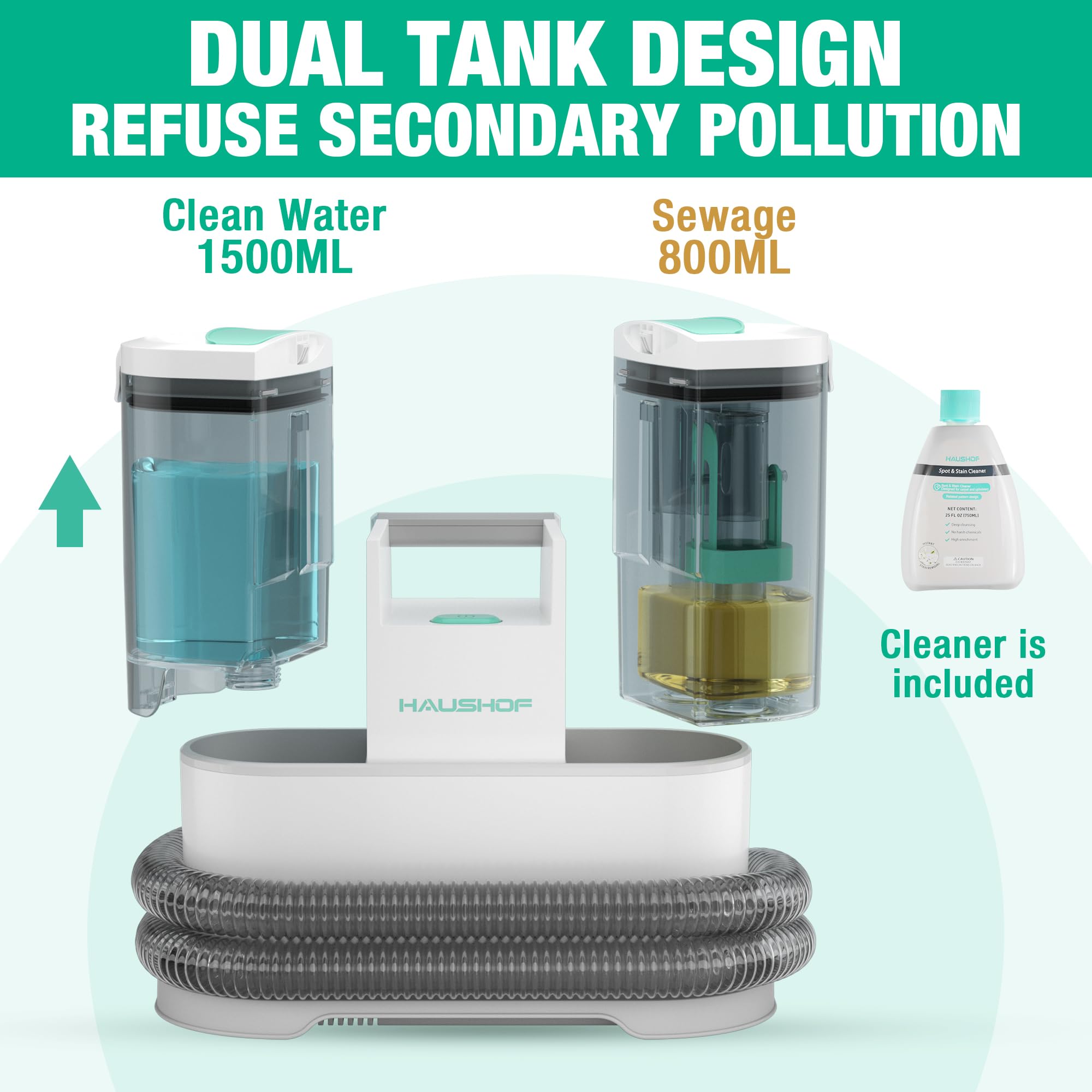 HAUSHOF StainZapper Pro Carpet Cleaner Machines, 450W Handheld Spot Carpet Washer, Clean Carpets, Stairs, Upholstery, Car Seats, 1.5L Twin Tank Spot Cleaner, Include Spot & Stain Cleaner