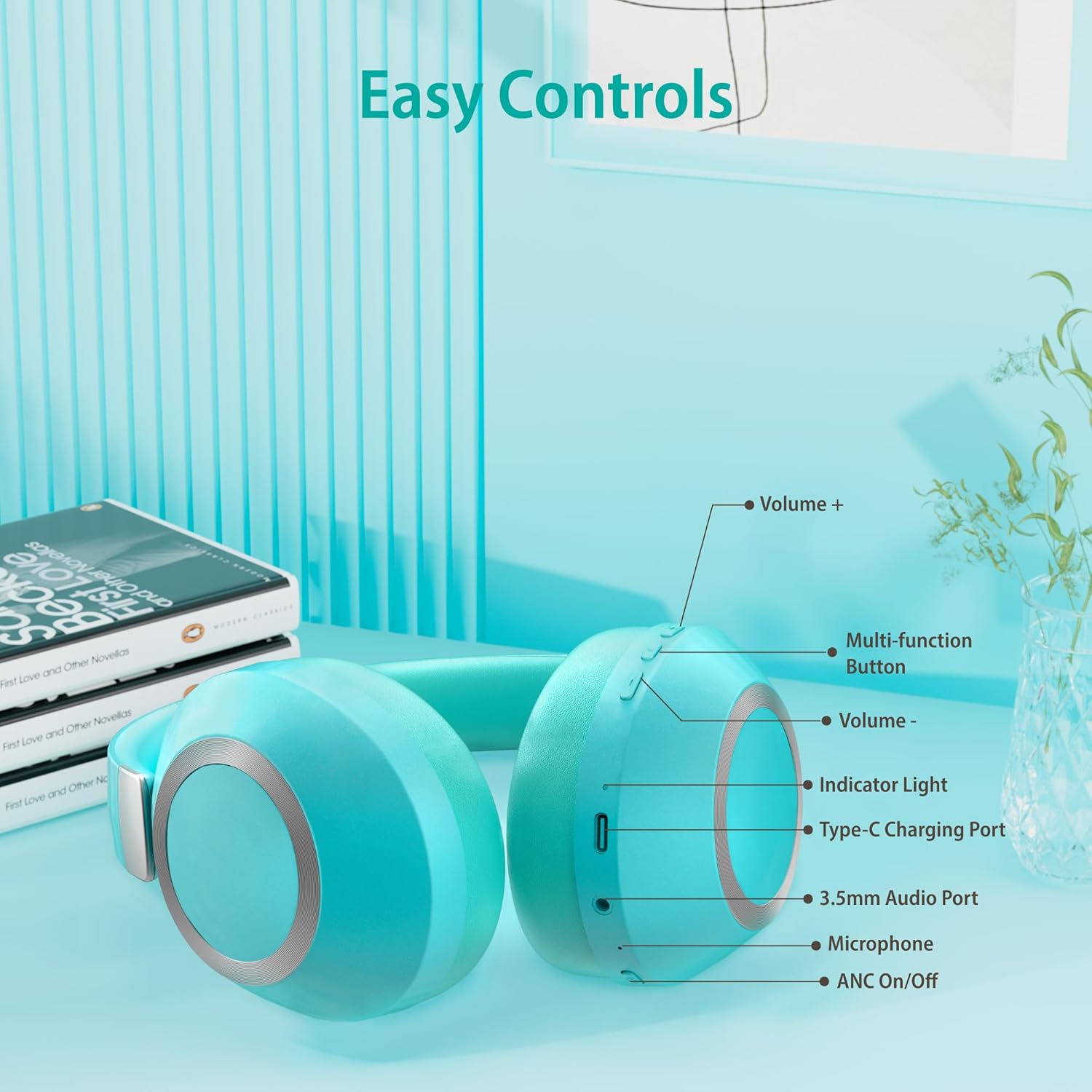 Active Noise Cancelling Wireless Headphones, 100H Playtime with Microphone, Over- Ear Bluetooth Headphones with Deep Bass,Fast Charging for Travel,Office,Home