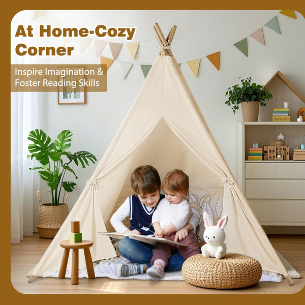 Wilwolfer Teepee Tent for Kids Foldable Children Play Tent for Girl and Boy with Carry Case 4 Poles White Canvas Playhouse Toy for Indoor and Outdoor Games