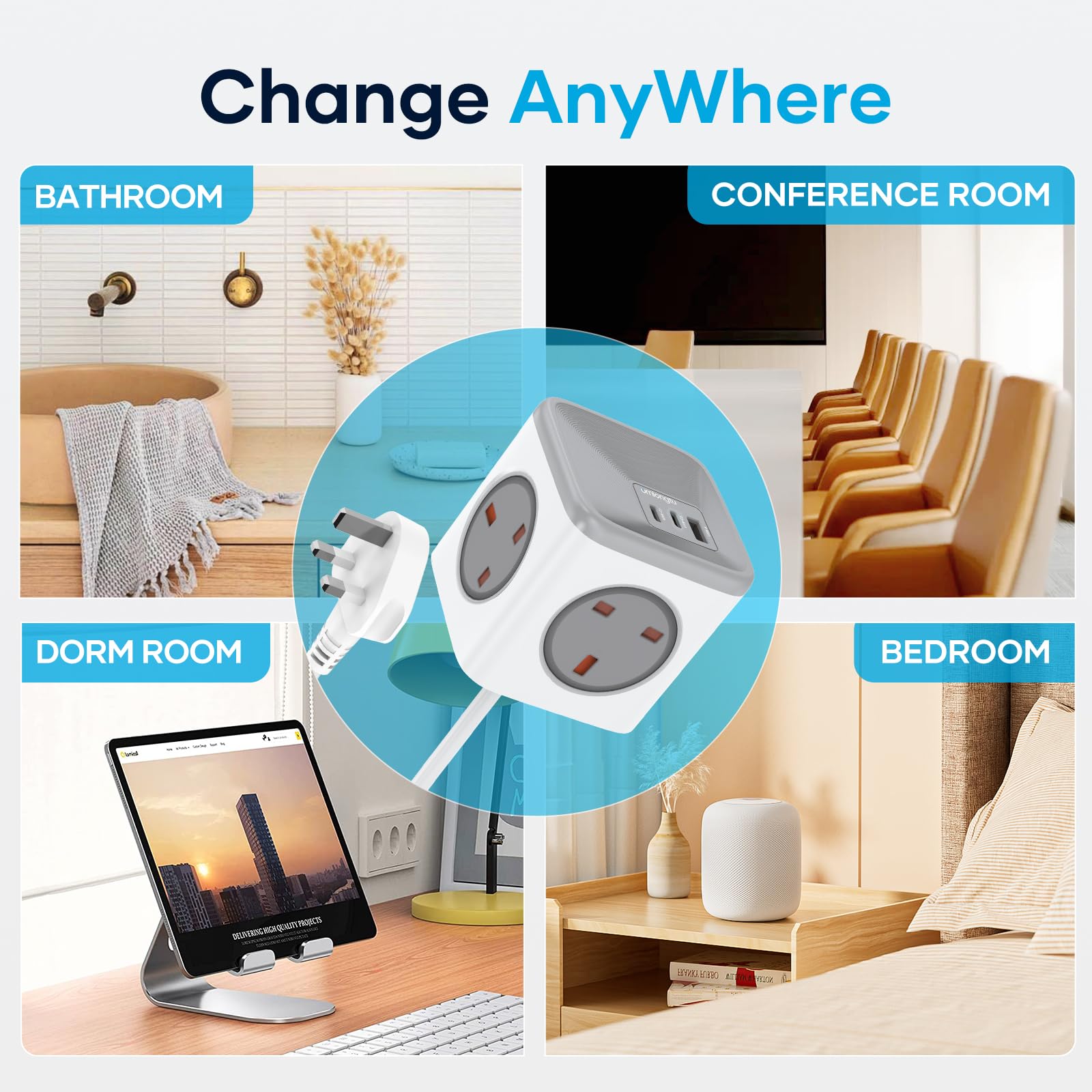 Socket Cube USB C Power Strip with 4 Outlets 3250W and 30W USB C Charging for iPhone 16/15/14, iPad,MacBook, Galaxy, Power Delivery Charging for Game, Dorm Rooms, Home, Office, White