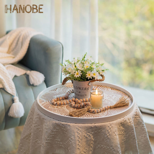 Hanobe Large Wood Decorative Tray: Boho Rustic Ottoman Tray Farmhouse Coffee Table Centerpiece Decor - Wooden Serving Round Tray for Kitchen Counter