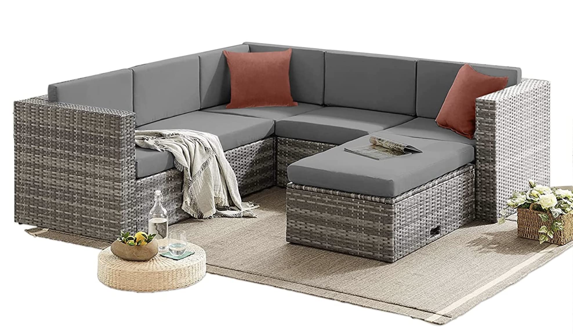 EVRE Monaco Rattan Garden Furniture Set 6 Piece Seat 5 Sofa 1 Ottoman Footstool Outdoor Wicker Weave Lounge Sofa and Glass Top Table with Cushions (Grey)