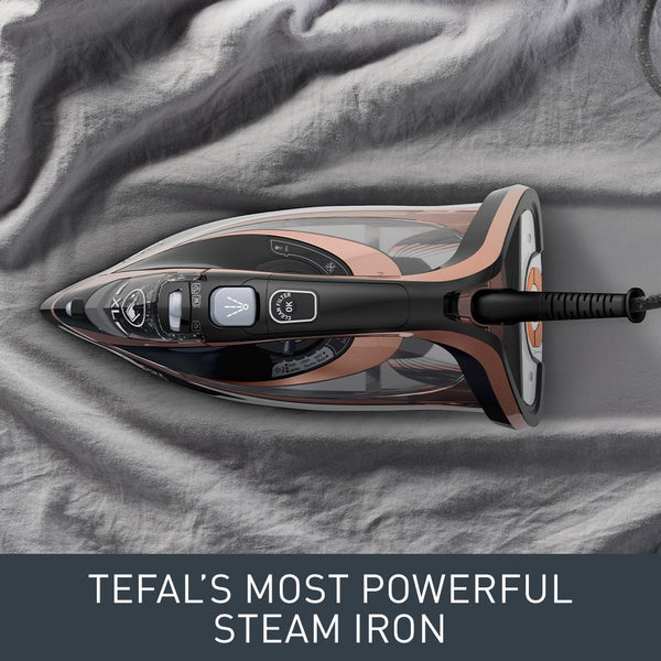 Tefal Ultimate Pure Steam Iron, 3100W, 260g/min Steam Boost, 350ml Water Tank, 3m Cord, Non-Stick Durilium Soleplate, Anti Scale, Anti-drip, Black and Rose Gold FV9845G0
