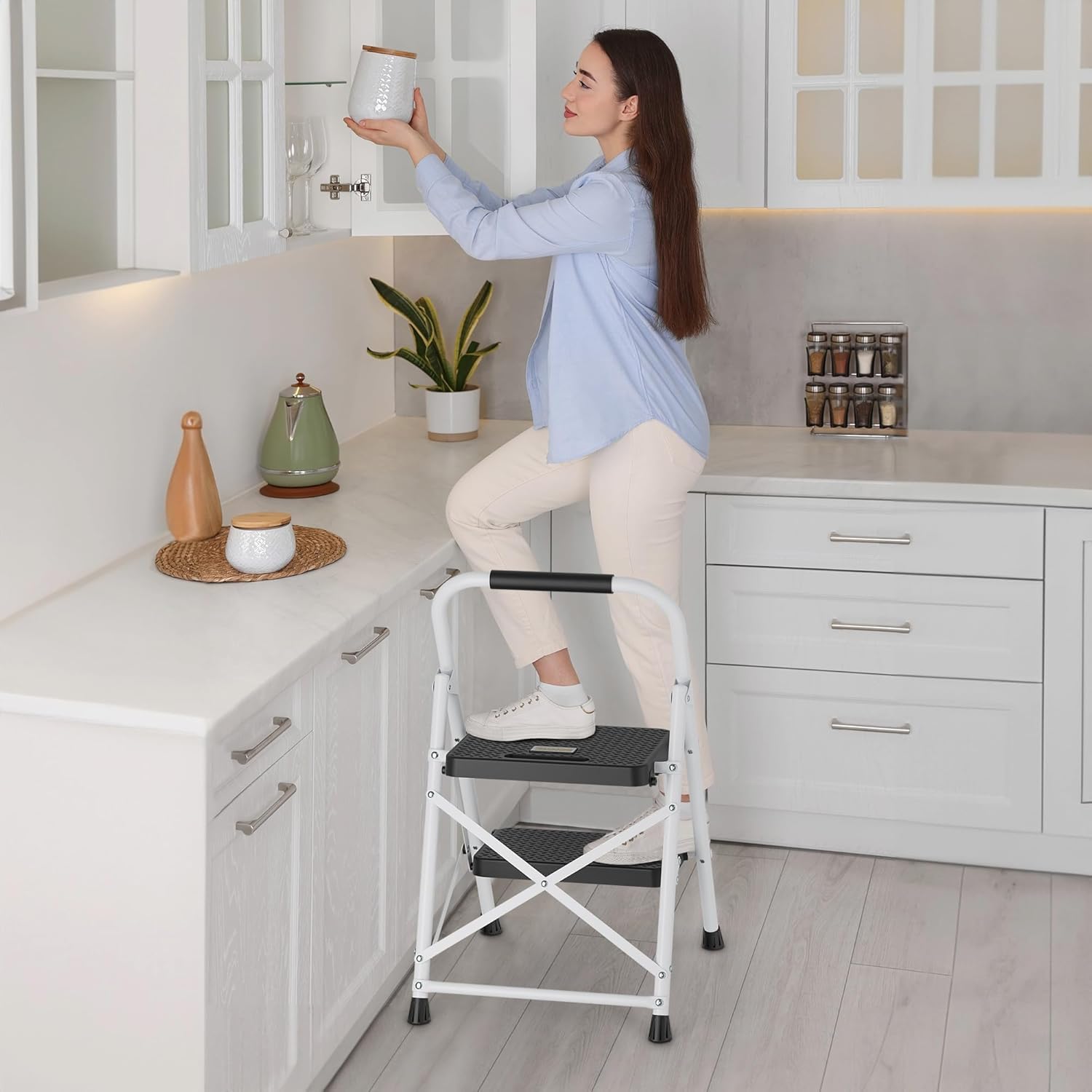 BONTEC 4 Step Ladder Folding, Heavy Duty Foldable Step Stool with Wide Anti-Slip Pedals, Sponge Handrail and Tool Tray, Portable Household Ladder 150kg Capacity, Compact Collapsible Indoor Ladder