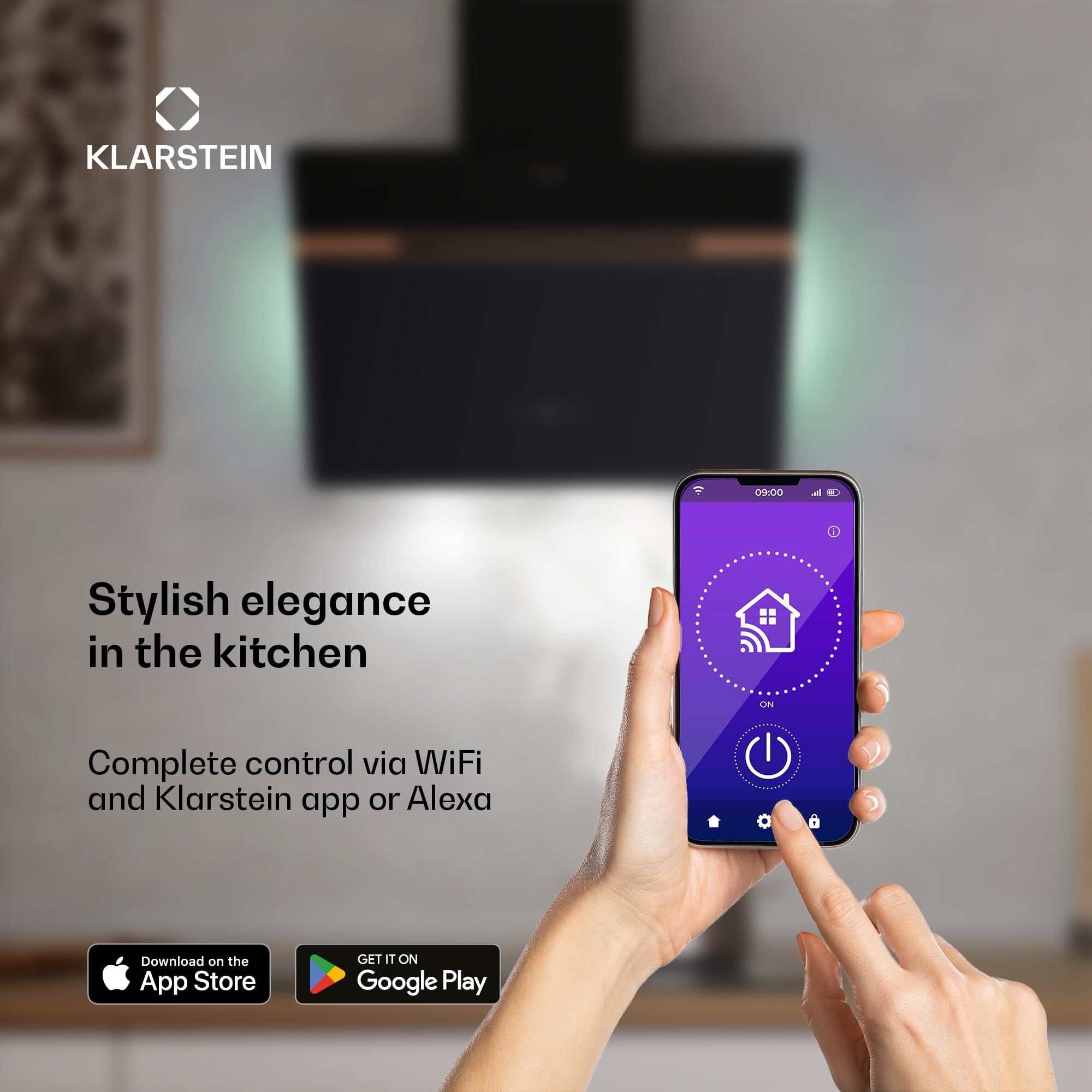 Klarstein Alina 90 Angled Cooker Hood - 600m³/h Air Flow, Touch Panel, LED Backlighting, Quiet 63dB, Energy Class A, 90cm Extractor Hood, Black