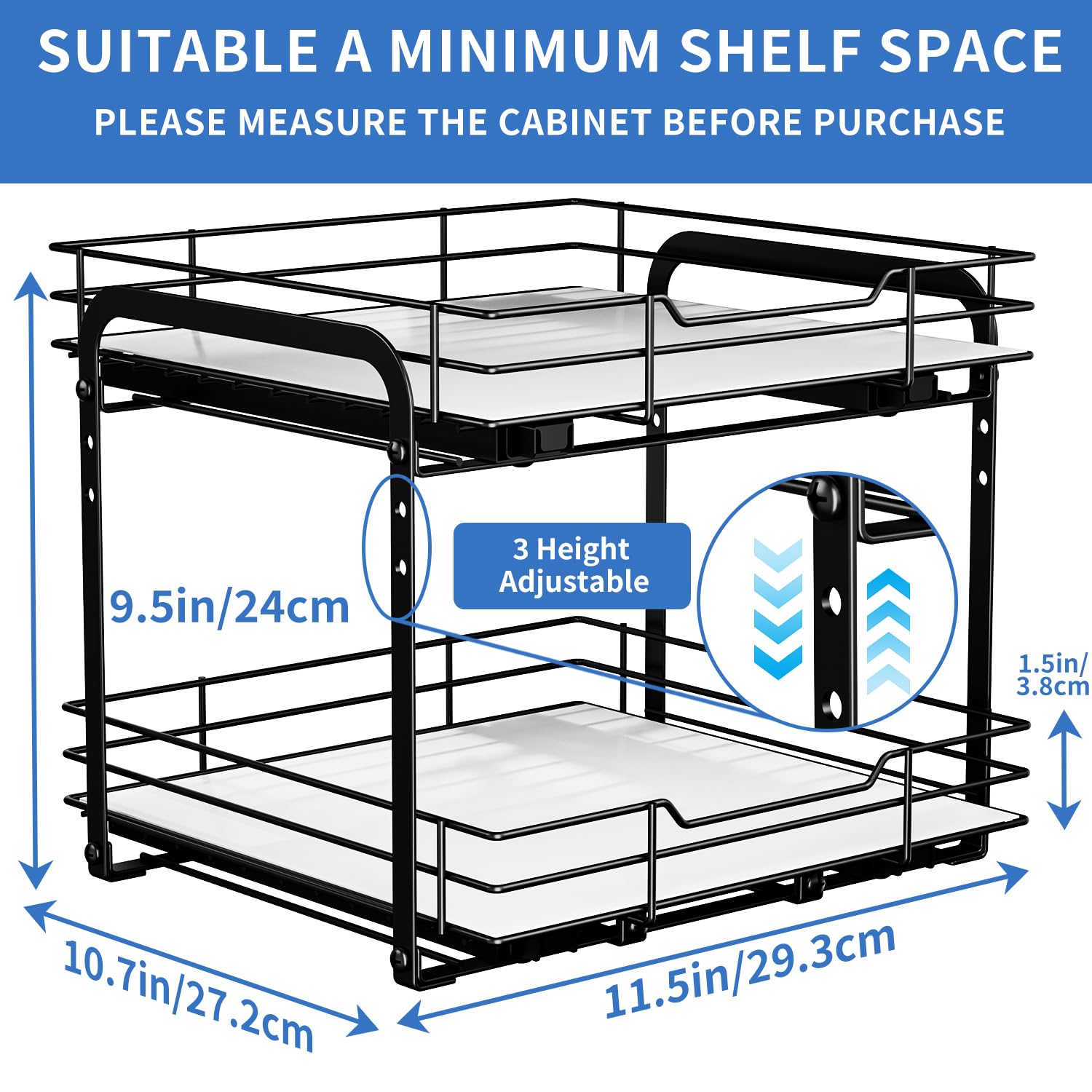 AIRUJIA Pull Out Cabinet Organizer - Height Adjustable 2-Tier Spice Rack, Heavy Duty Metal, Kitchen Storage Shelf for Inside Cupboard,