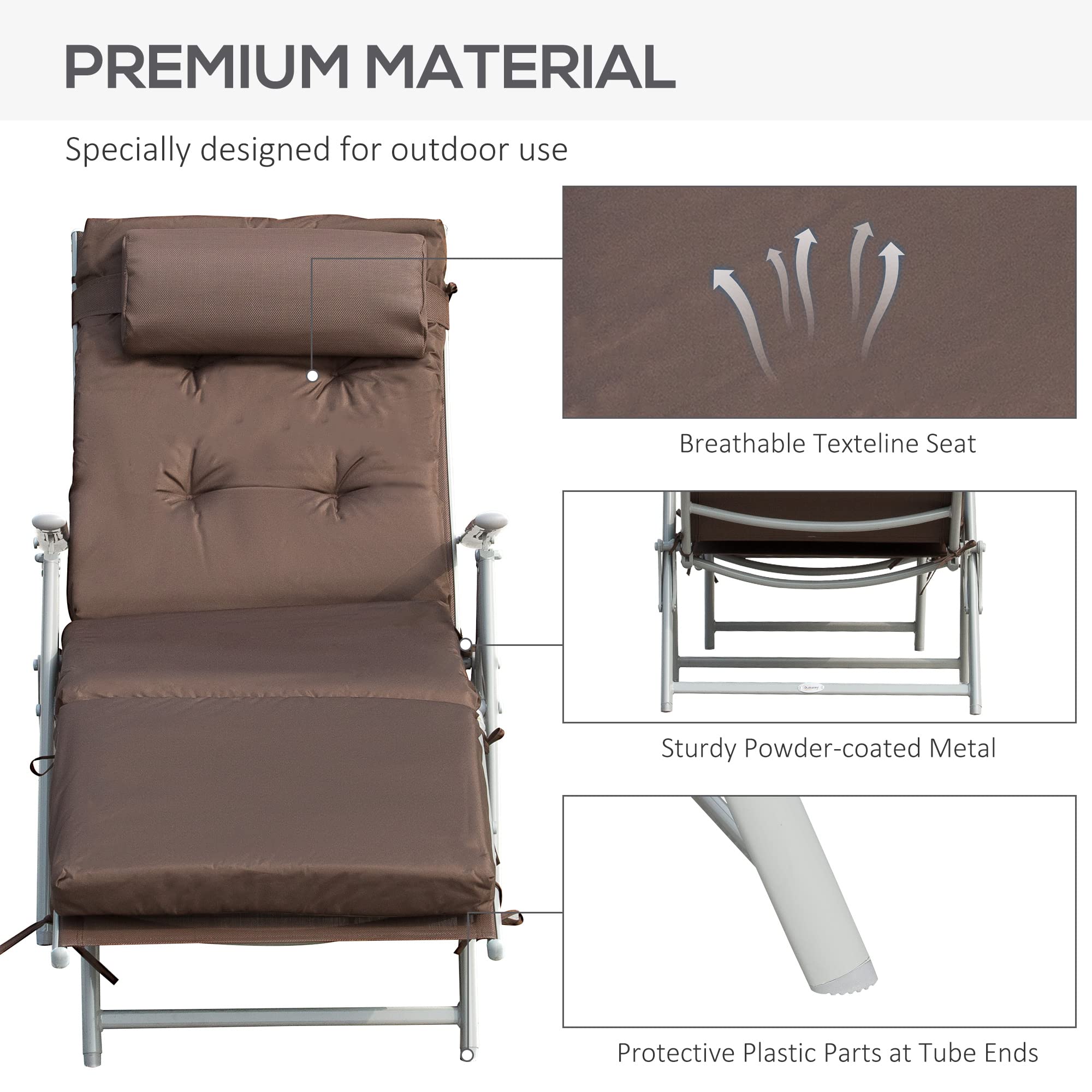 Outsunny Sun Lounger Steel Frame Outdoor Folding Chaise Texteline Lounge Chair Recliner with Headrest & 7 Levels Adjustable Backrest, Cream White