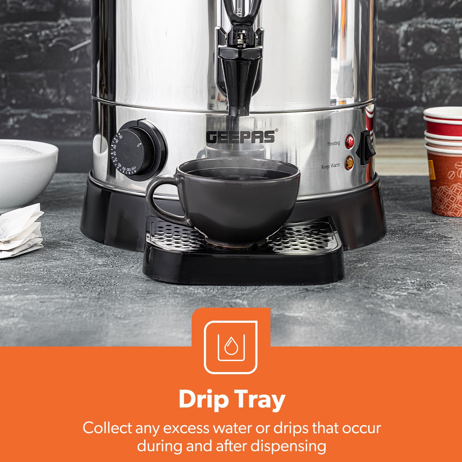 Geepas Electric Catering Urn, 1650W Instant Hot Water Boiler Dispenser - Tea Urn Kettle Home Brewing Commercial Office Use with Keep Warm - Easy Pour Tap, 15 Litre, Stainless Steel – 2 Year Warranty