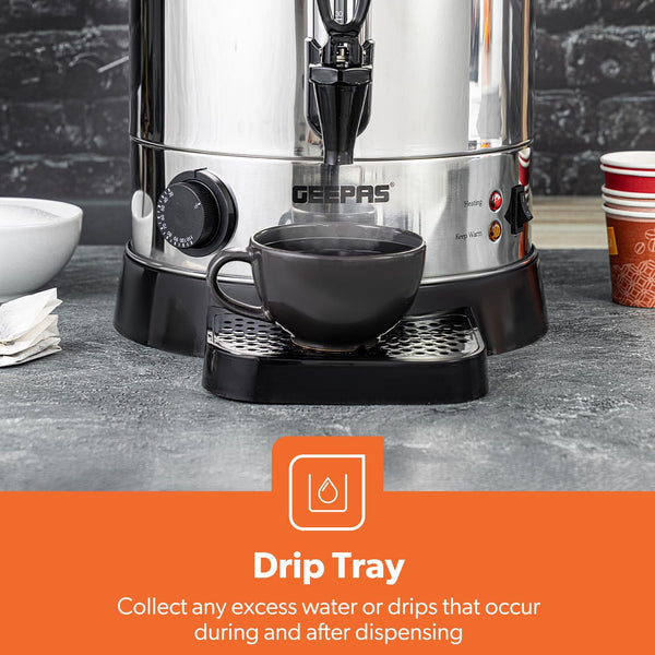 Geepas Electric Catering Urn, 1650W Instant Hot Water Boiler Dispenser - Tea Urn Kettle Home Brewing Commercial Office Use with Keep Warm - Easy Pour Tap, 15 Litre, Stainless Steel – 2 Year Warranty