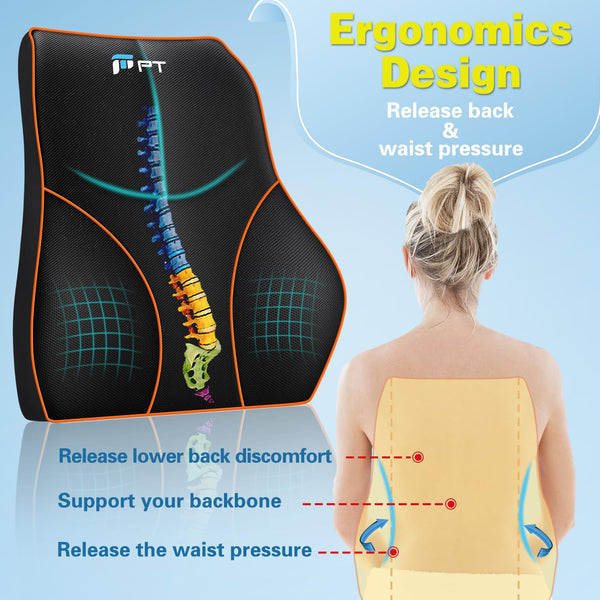 POOTACK Lumbar Support Cushion, Memory Foam Back Support Cushion Lumbar Support for Office Chair, Car Seat, Recliner, with Extension Strap and Mesh Cover