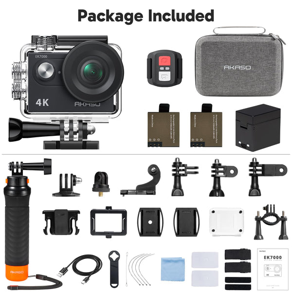 AKASO EK7000 Action Camera Floating Hand Grip Bundle - Includes 4K30FPS EK7000 Underwater Camera, Floating Hand Grip, 2 Batteries, Carrying Case, and Accessory Kits