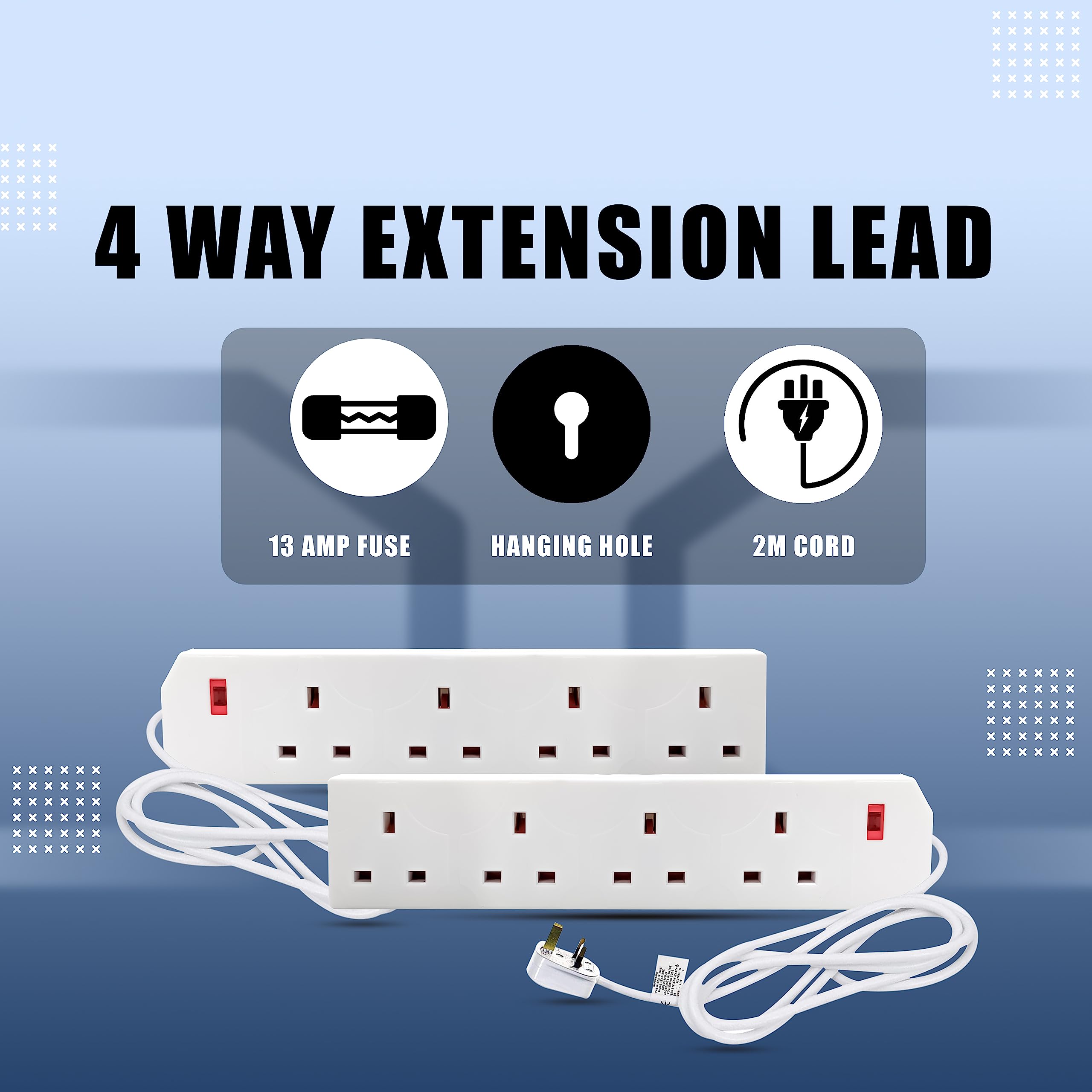 K-MART Heavy Duty Extension Lead UK Pin Plug and Cable, 4 Gang Way 2m Power Adapter, Multi Socket Mains Strip (White, 1 Pack)