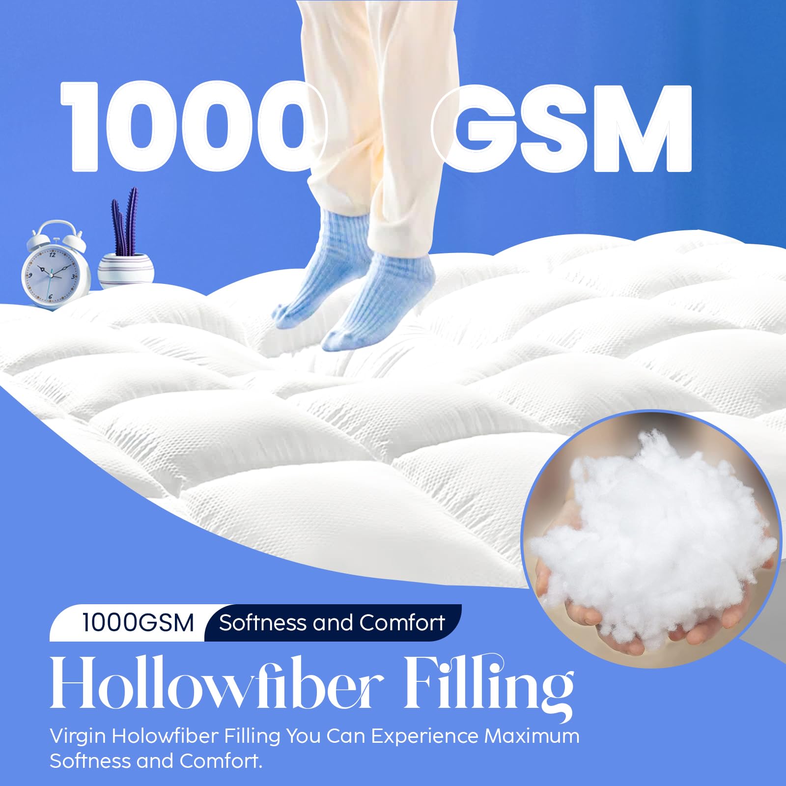 Mattress Topper Double Bed - 10CM Extra Thick Double Mattress Topper - 1000GSM Filling Fiber - Luxurious Comfort, Hypoallergenic, Elastic Straps Deep Pocket Thick