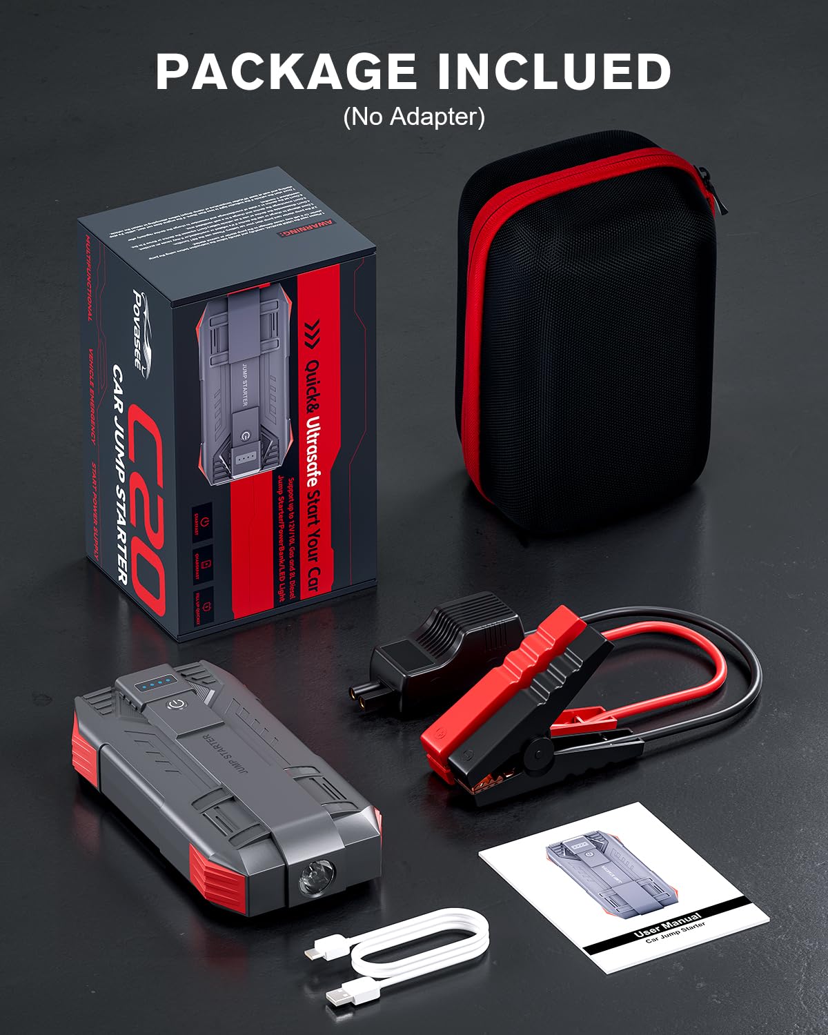 Povasee 4000A UltraSafe Jump Starter Power Pack, 12V Car Battery Booster Jump Starter Power Bank (up to 10L Petrol/8L Diesel), Jump Pack Car Starter with Jump Leads, Emergency LED and 2 USB Ports
