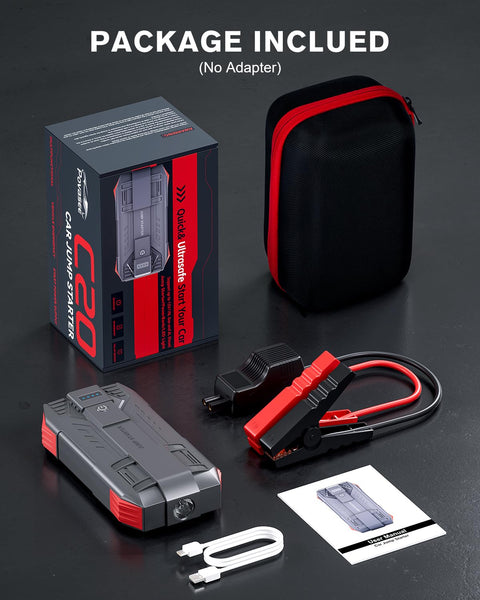 Povasee 4000A UltraSafe Jump Starter Power Pack, 12V Car Battery Booster Jump Starter Power Bank (up to 10L Petrol/8L Diesel), Jump Pack Car Starter with Jump Leads, Emergency LED and 2 USB Ports