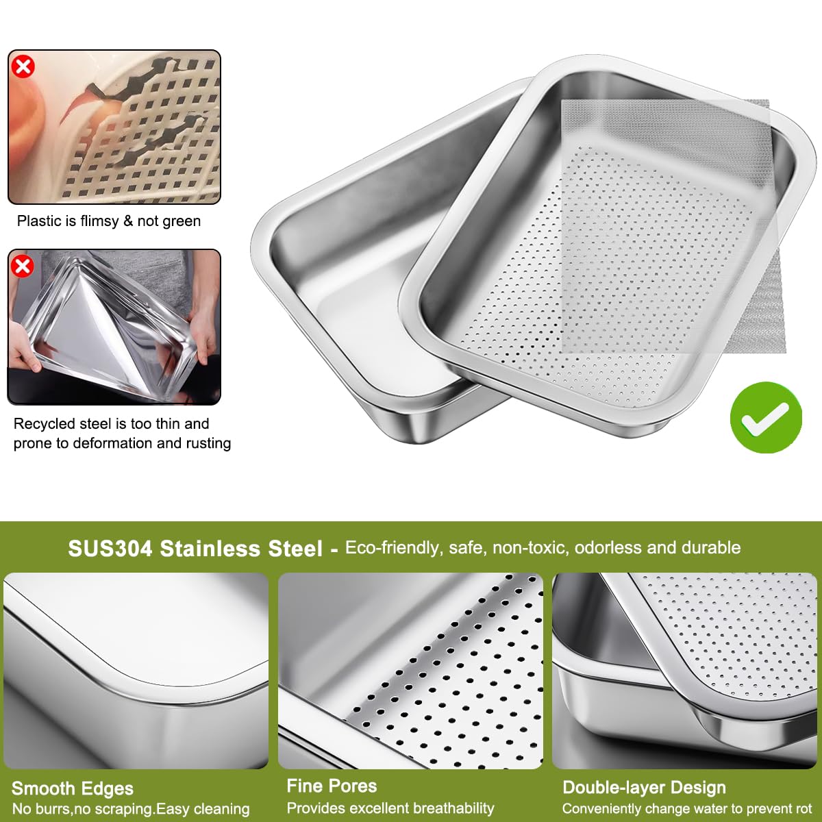 FANHAO 2-Pack Sprouting Tray Kit, Stainless Steel Soil-Free Cultivation Germination Tray, Healthy Wheatgrass Grower Sprouting Container Kit Nursery