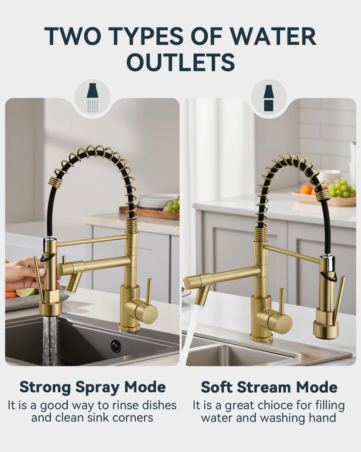 Warmiehomy 5 Modes Kitchen Taps Mixer with Pull Out Spray,High Arc 360° Swivel Dual Spout Pull Down Stainless Steel Kitchen Sink Taps,Brushed Nickel