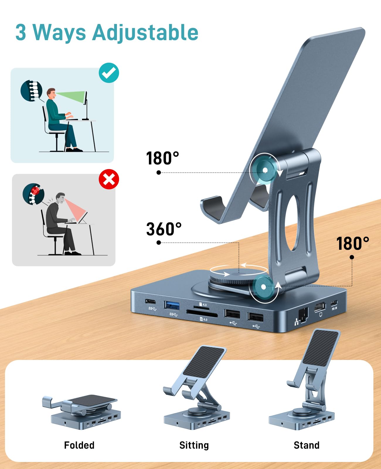 360° Rotating iPad/iPad Pro USB C Docking Station, 11-in-1 with SD TF 4.0 Reader, 4K@60Hz HDMI, RJ45, Audio, USB A, USB C, For Tablet, Steam Deck, ROG Ally, Legion Go, Msi Claw, Samsung, etc