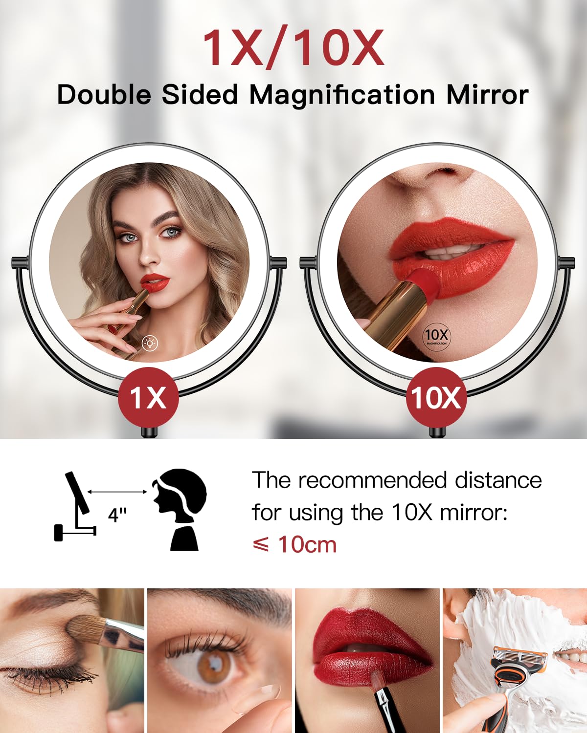 Gospire 9 Wall Mounted Lighted Makeup Vanity Mirror with 3 Color Lights & Stepless Dimming, 1X/10X Magnifying LED Double Sided Bathroom Touch Sensor